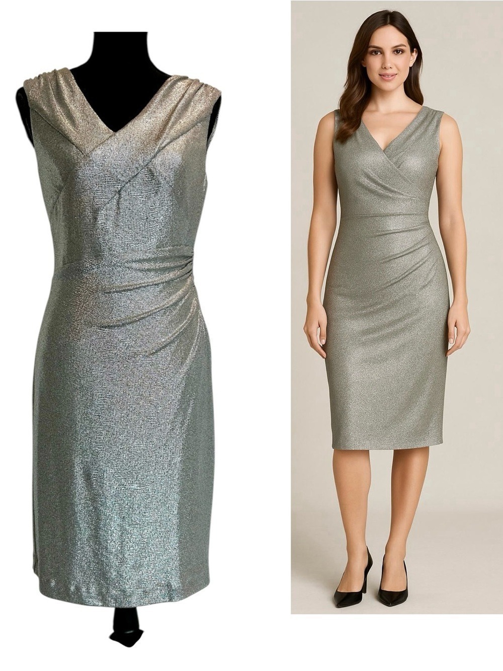 Lauren Ralph Lauren Metallic silver sleeveless V-neck Sheath cocktail Dress Sz 6
